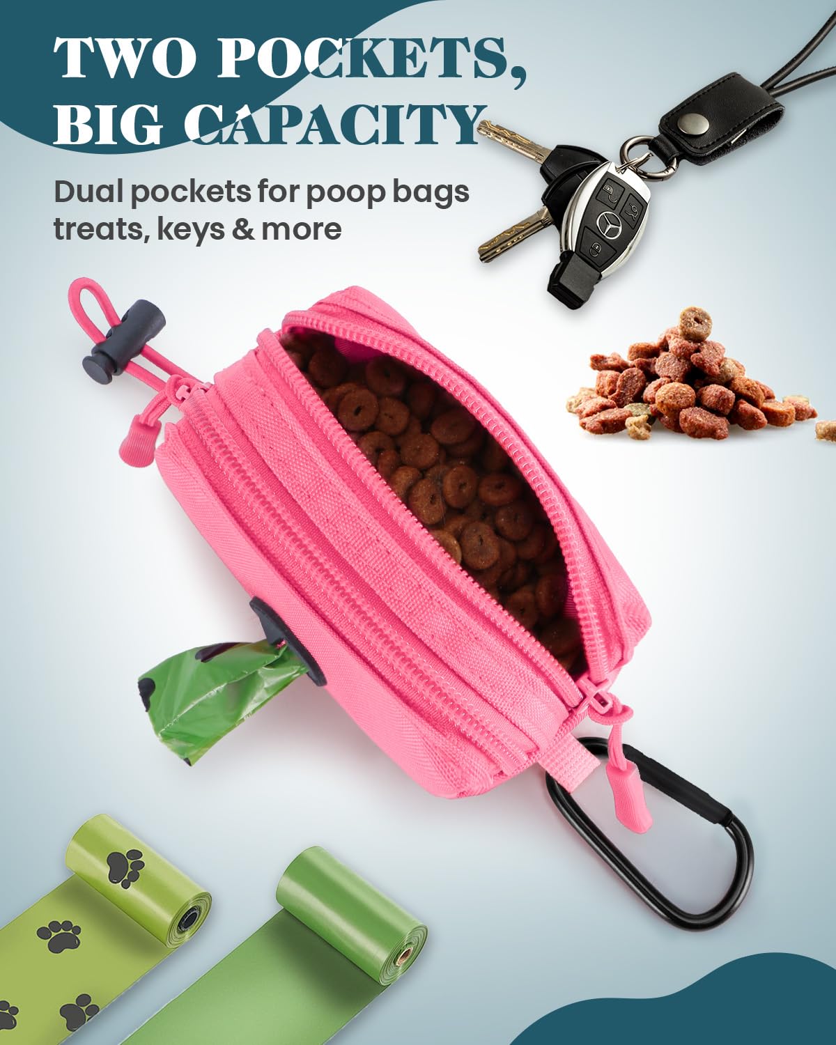 Dog Poop Bag Holder for Leashes, Pink Doggie Waste Bag Dispenser and Treat Holder, with Carabiner Hook and Poop Bag Clip, Used W